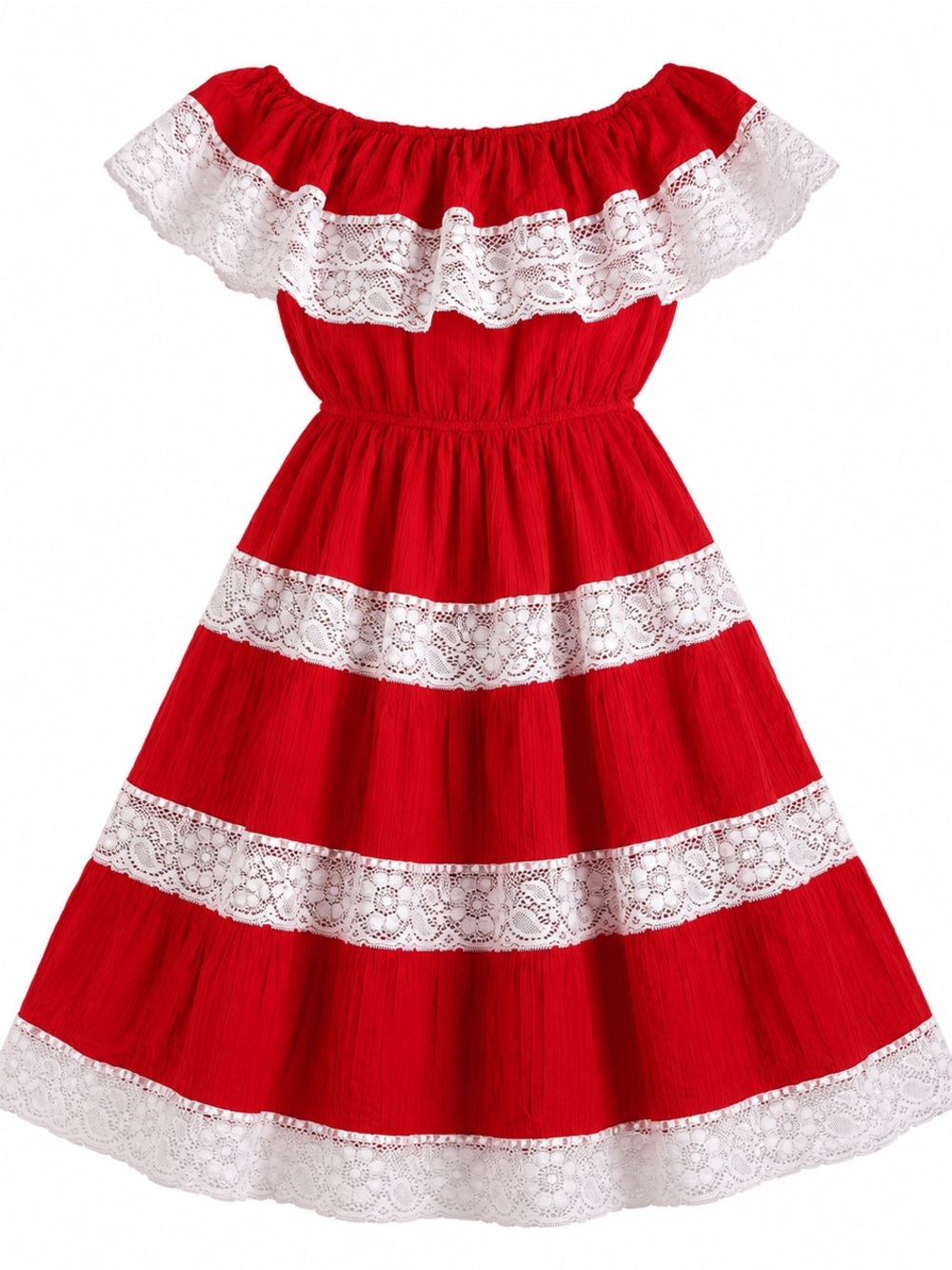 Vintage 1970s Mexican Red & White Lace Midi Dress Boho Folk Prairie